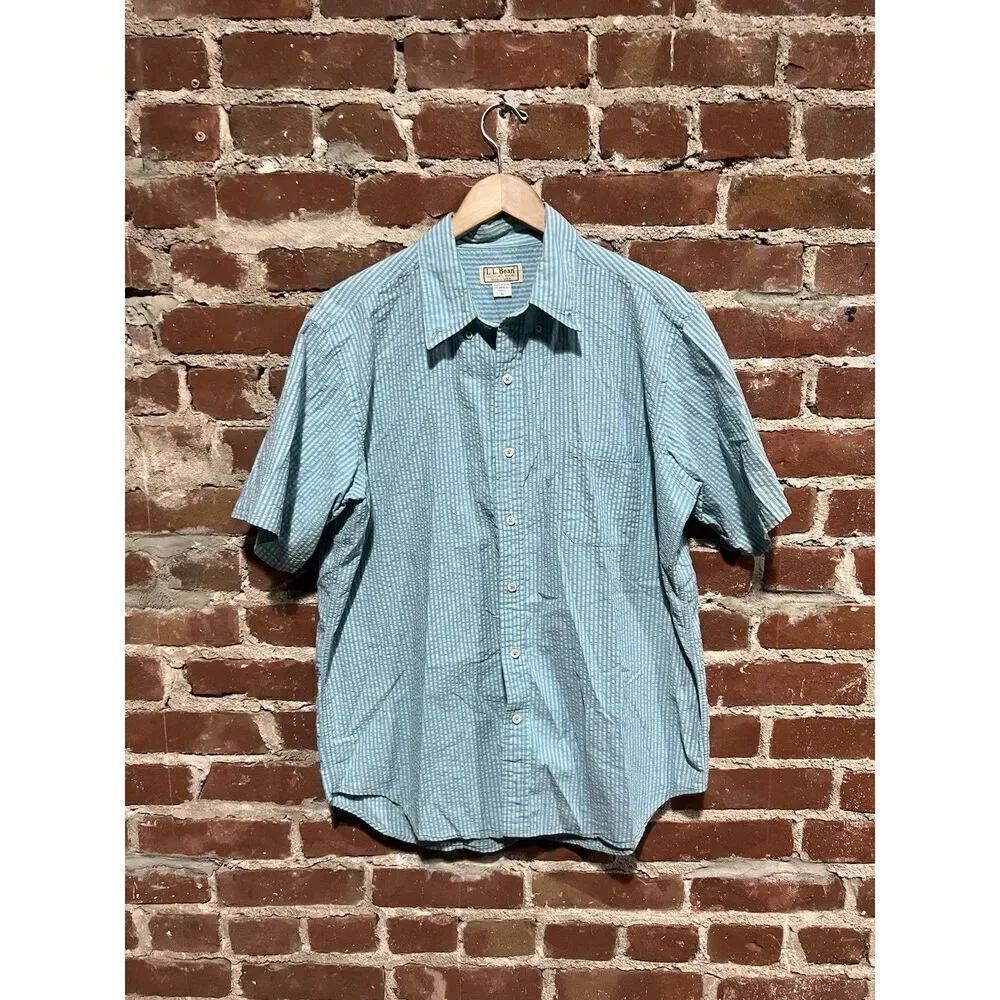 Vintage LL Bean Mens Blue Striped Short Sleeve Button Up Shirt Size XL